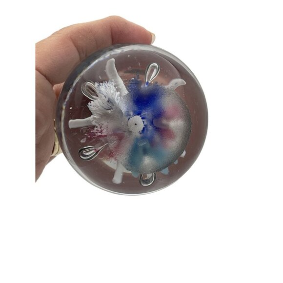 Hand-Blown Art Glass Paperweight With White Lily Flower & Colorful Base - Picture 8 of 8